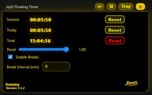 JayG Floating Timer version 1.5.2 main timer view